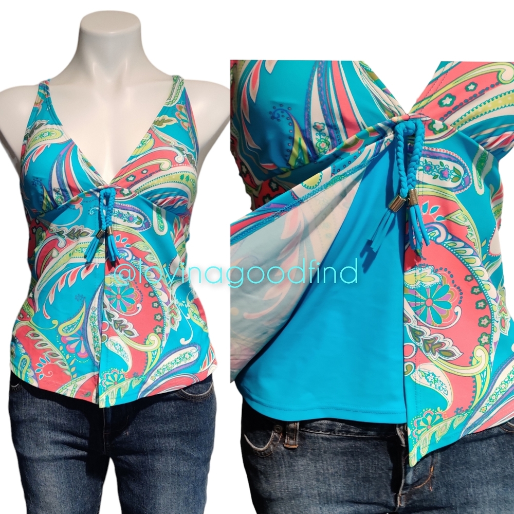 Beach Diva Turquoise Criss Cross Plunge Faux Layered Tankini Swim Top EUC sz 8